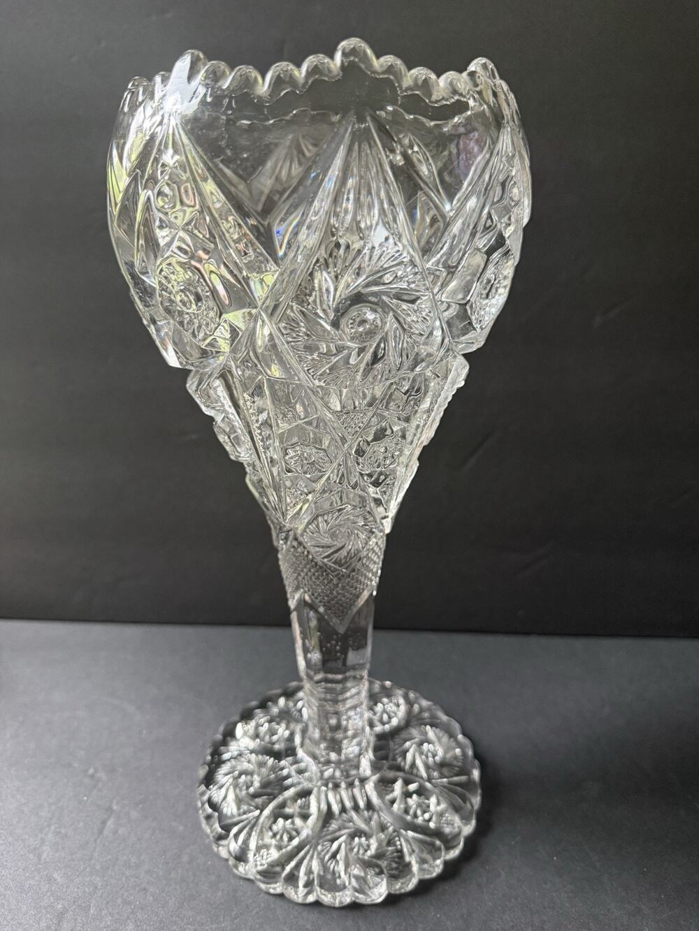 Vintsge EAPG Imperial Cut Glass Boquet Vase Hobstar Thunderbolt MCM Scalloped